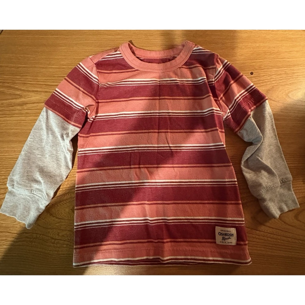 Oshkosh Long Sleeve Shirt Size 2T Stripe With Solid Sleeve Orange, Maroon, Cream